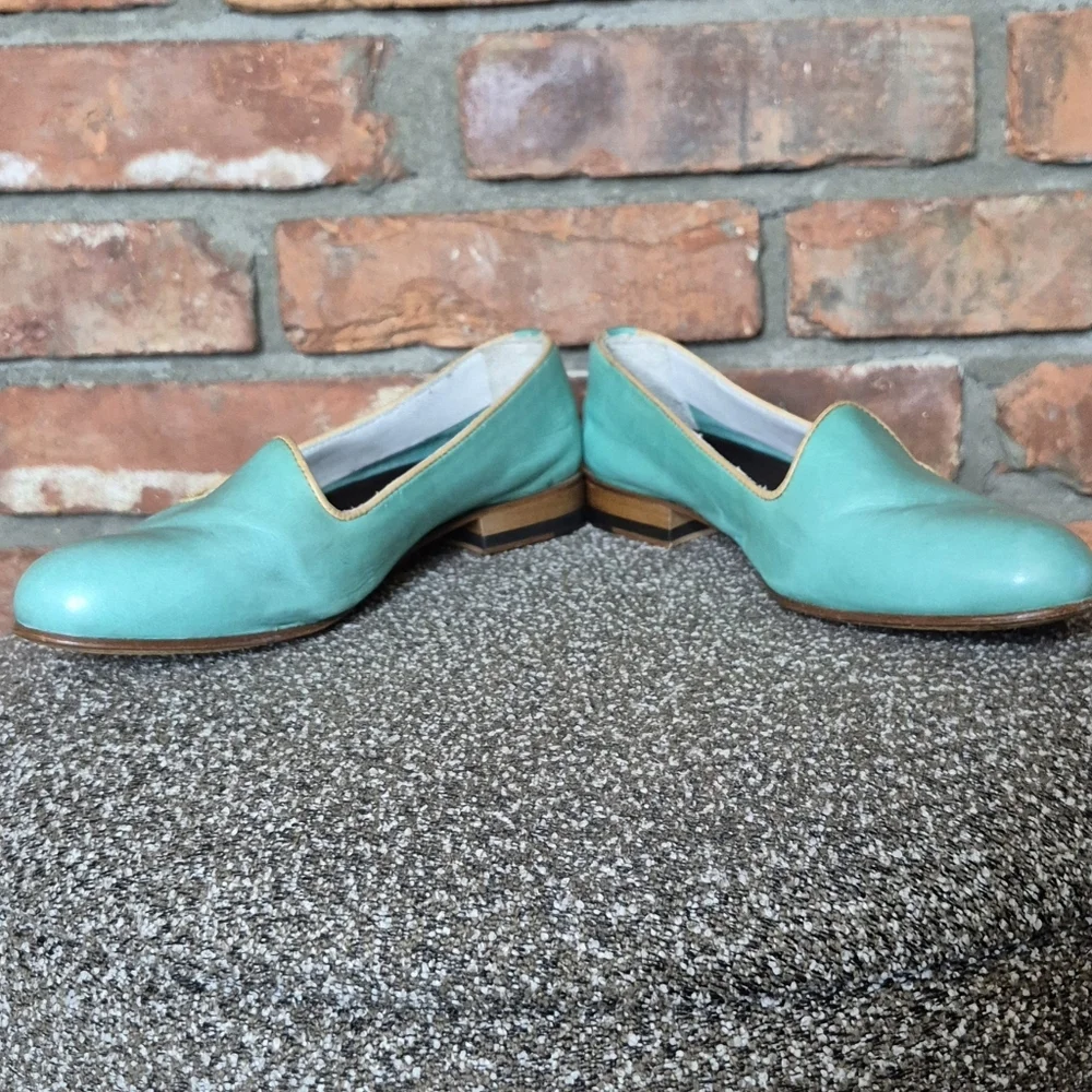 Italian Turquoise Leather Smoking Flats EU 37 Artisan Loafers Coastal Chic - Picture 9 of 13